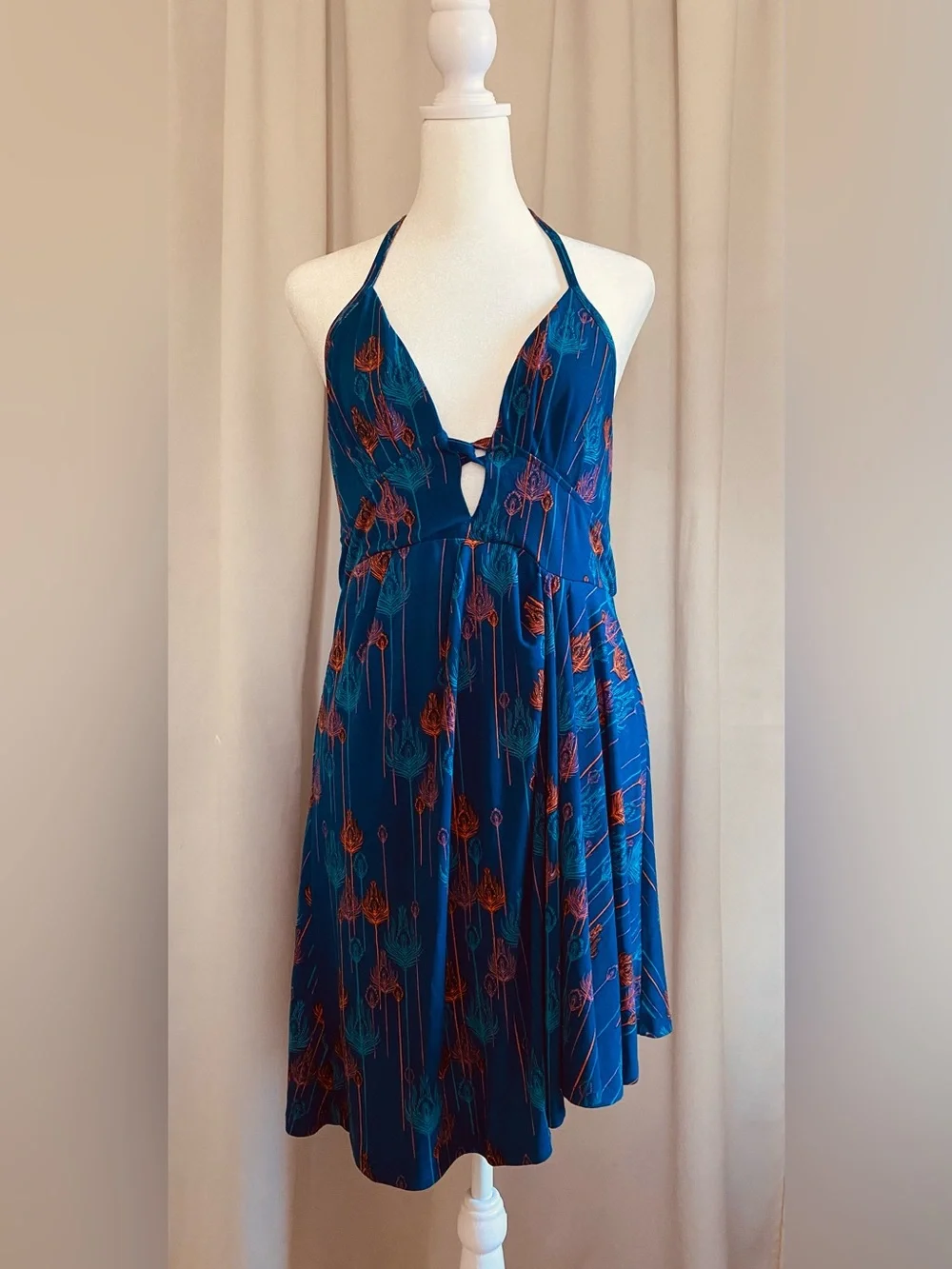 Free People Halter Mini Blue Orange Peacock dress Size M Open Back Asymmetrical